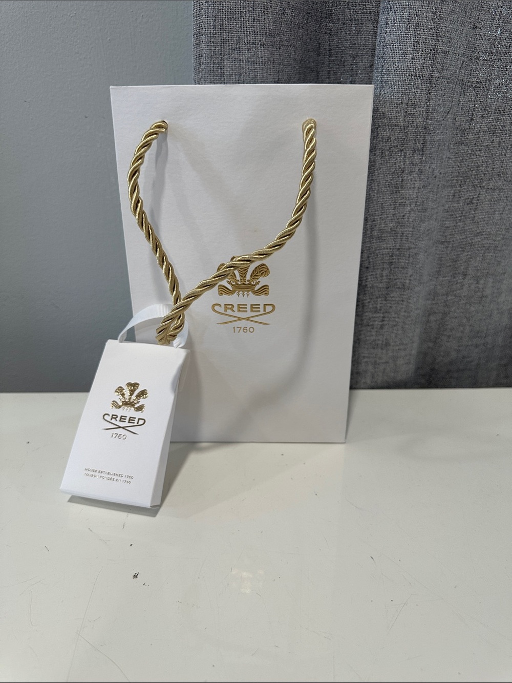Authentic Creed White Gift Bag with Gold Logo and Twisted Gold Rope Handles